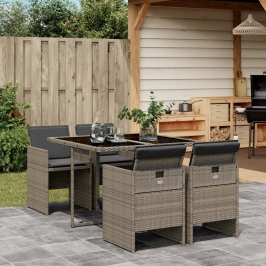 Set comedor de jardín 5 piezas con cojines ratán sintético gris