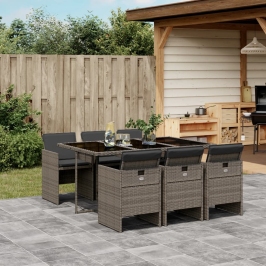 Set comedor jardín 7 pzas y cojines ratán sintético gris