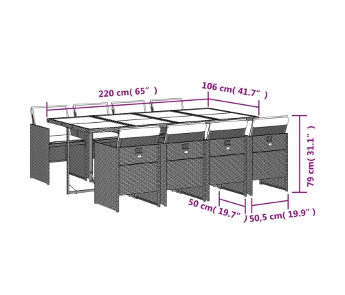 Set comedor jardín 9 pzas y cojines ratán sintético gris