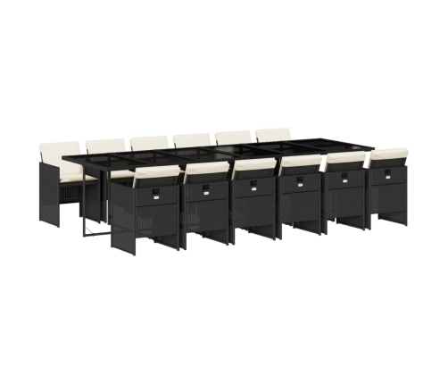 Set comedor de jardín con cojines 13 pzas ratán sintético negro
