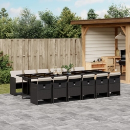 Set comedor de jardín con cojines 13 pzas ratán sintético negro