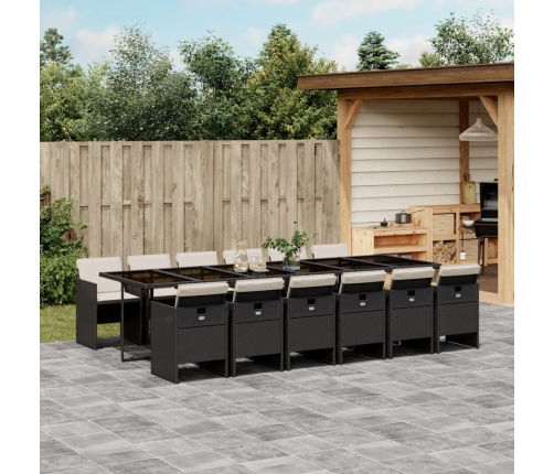 Set comedor de jardín con cojines 13 pzas ratán sintético negro