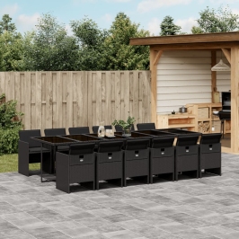 Set comedor de jardín con cojines 13 pzas ratán sintético negro