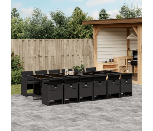Set comedor de jardín con cojines 13 pzas ratán sintético negro