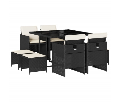 Set de comedor de jardín 9 pzas y cojines ratán sintético negro
