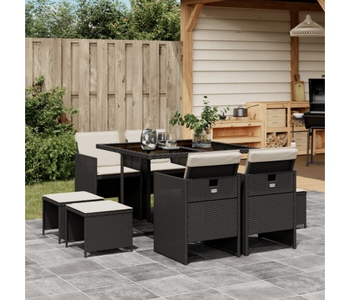 Set de comedor de jardín 9 pzas y cojines ratán sintético negro