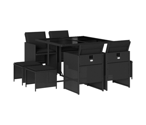 Set de comedor de jardín 9 pzas y cojines ratán sintético negro