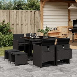 Set de comedor de jardín 9 pzas y cojines ratán sintético negro