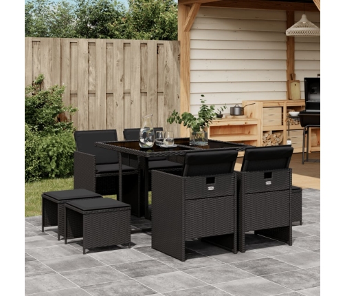 Set de comedor de jardín 9 pzas y cojines ratán sintético negro