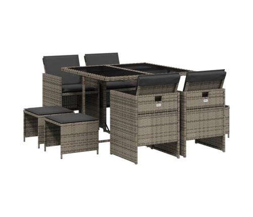 Set comedor jardín 9 pzas y cojines ratán sintético gris