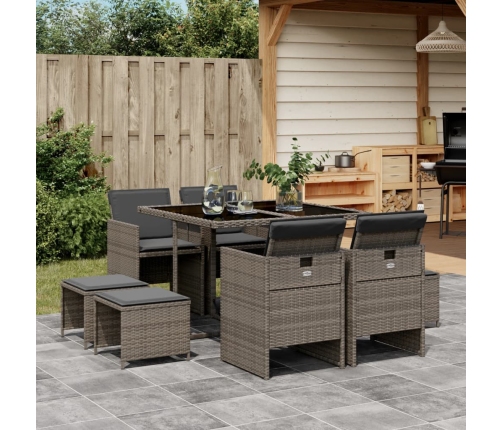 Set comedor jardín 9 pzas y cojines ratán sintético gris