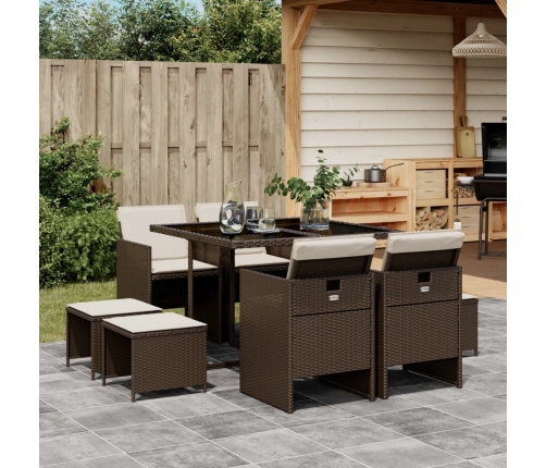 Set comedor para jardín 9 pzas y cojines ratán sintético marrón