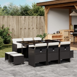 Set de comedor jardín 11 pzas con cojines ratán sintético negro
