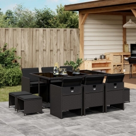 Set de comedor jardín 11 pzas con cojines ratán sintético negro