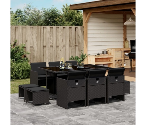 Set de comedor jardín 11 pzas con cojines ratán sintético negro