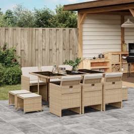 Set comedor de jardín 11 pzas con cojines ratán sintético beige