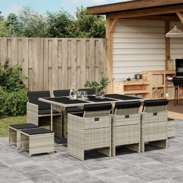 Set de comedor de jardín 11 pzas y cojines ratán sintético gris