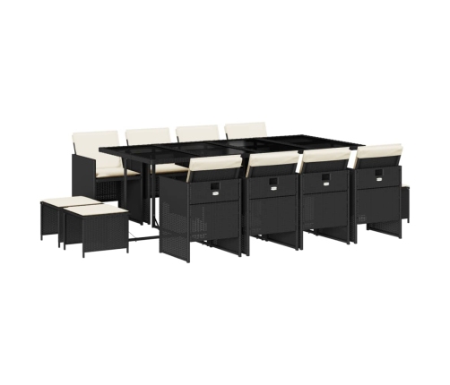 Set comedor de jardín con cojines 13 pzas ratán sintético negro