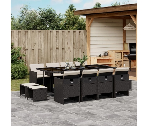 Set comedor de jardín con cojines 13 pzas ratán sintético negro