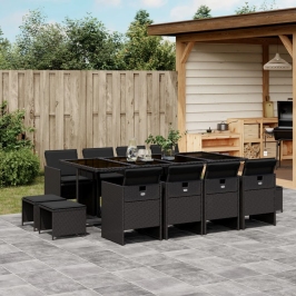 Set comedor de jardín con cojines 13 pzas ratán sintético negro