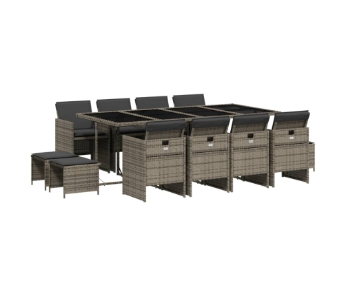 Set comedor de jardín con cojines 13 pzas ratán sintético gris