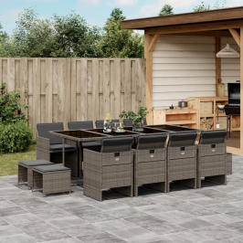 Set comedor de jardín con cojines 13 pzas ratán sintético gris