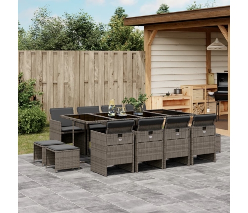 Set comedor de jardín con cojines 13 pzas ratán sintético gris