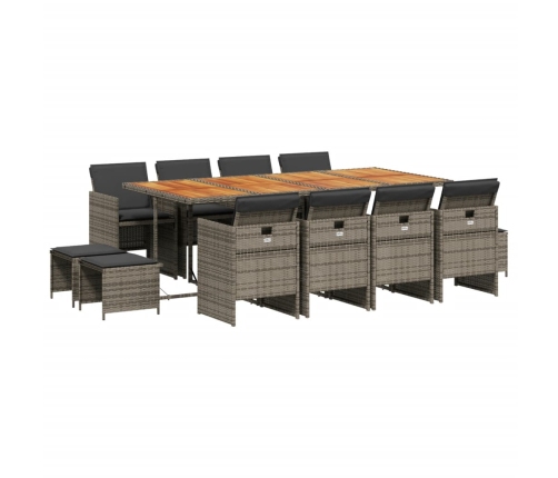 Set comedor de jardín con cojines 13 pzas ratán sintético gris