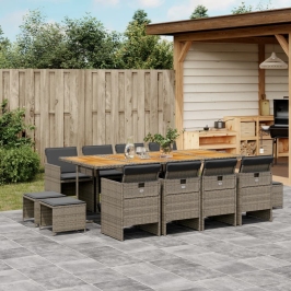 Set comedor de jardín con cojines 13 pzas ratán sintético gris