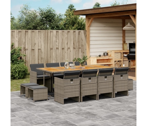 Set comedor de jardín con cojines 13 pzas ratán sintético gris