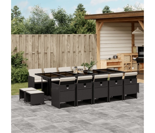 Set comedor de jardín con cojines 15 pzas ratán sintético negro