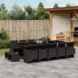 Set comedor de jardín con cojines 15 pzas ratán sintético negro