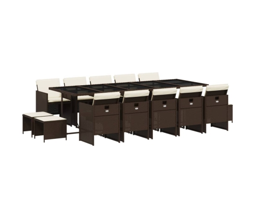 Set comedor de jardín y cojines 15 pzas ratán sintético marrón
