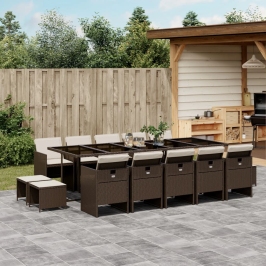 Set comedor de jardín y cojines 15 pzas ratán sintético marrón