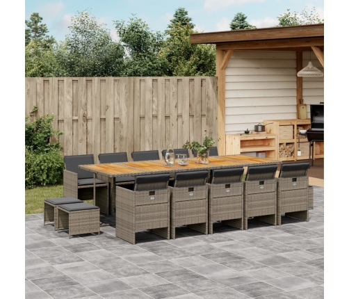 Set comedor de jardín con cojines 15 pzas ratán sintético gris