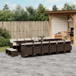 Set de muebles jardín 17 pzas y cojines ratán sintético marrón