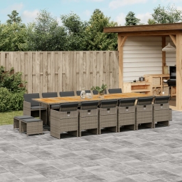 Set comedor de jardín 17 pzas y cojines ratán sintético gris