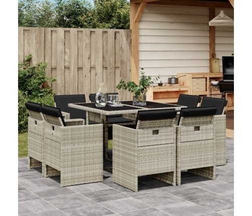 Set comedor de jardín 9 pzas cojines ratán sintético gris claro