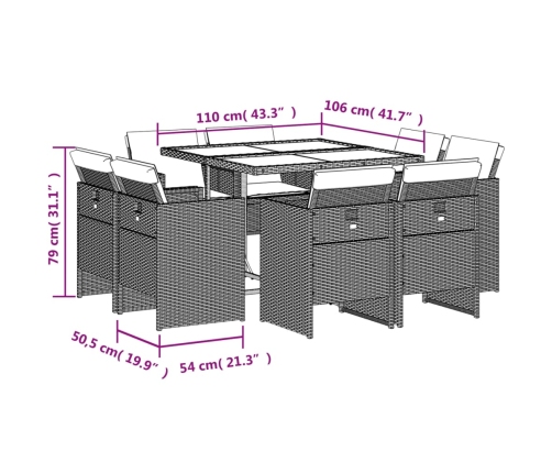 Set comedor de jardín 9 pzas con cojines ratán sintético beige