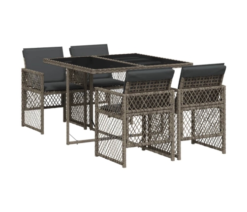 Set comedor de jardín 5 piezas con cojines ratán sintético gris