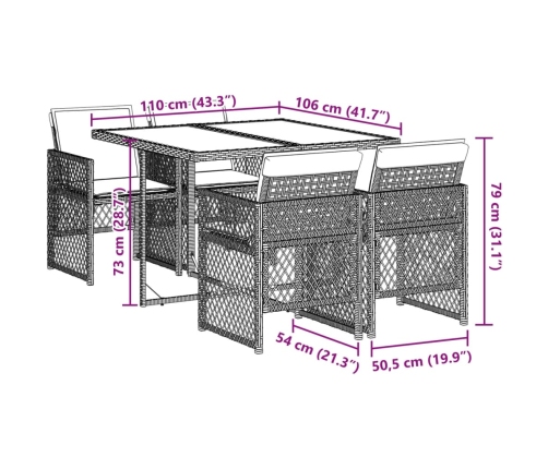 Set comedor de jardín 5 piezas con cojines ratán sintético gris