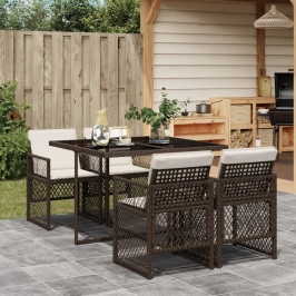 Set comedor de jardín 5 piezas y cojines ratán sintético marrón