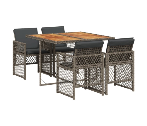 Set comedor de jardín 5 piezas con cojines ratán sintético gris