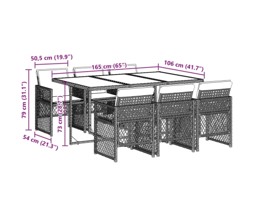 Set comedor jardín 7 pzas y cojines ratán sintético gris