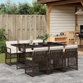 Set comedor de jardín 7 pzas con cojines ratán sintético marrón