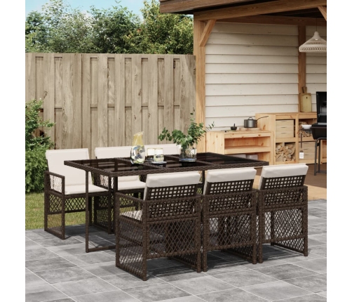 Set comedor de jardín 7 pzas con cojines ratán sintético marrón