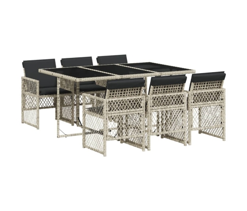 Set comedor jardín 7 pzas y cojines ratán sintético gris claro