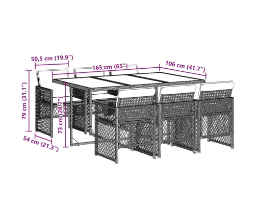 Set comedor jardín 7 pzas y cojines ratán sintético gris claro