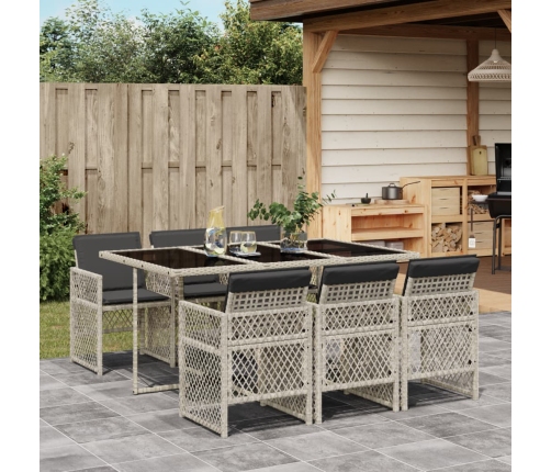 Set comedor jardín 7 pzas y cojines ratán sintético gris claro