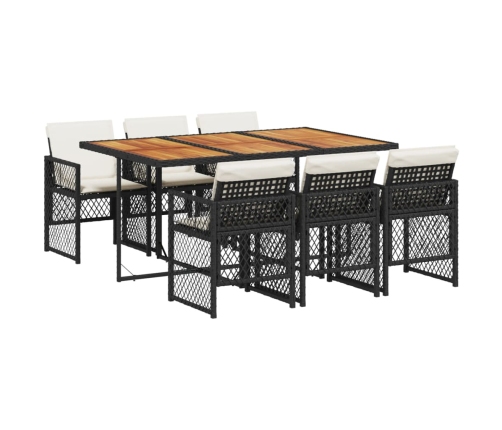 Set de comedor de jardín 7 pzas y cojines ratán sintético negro